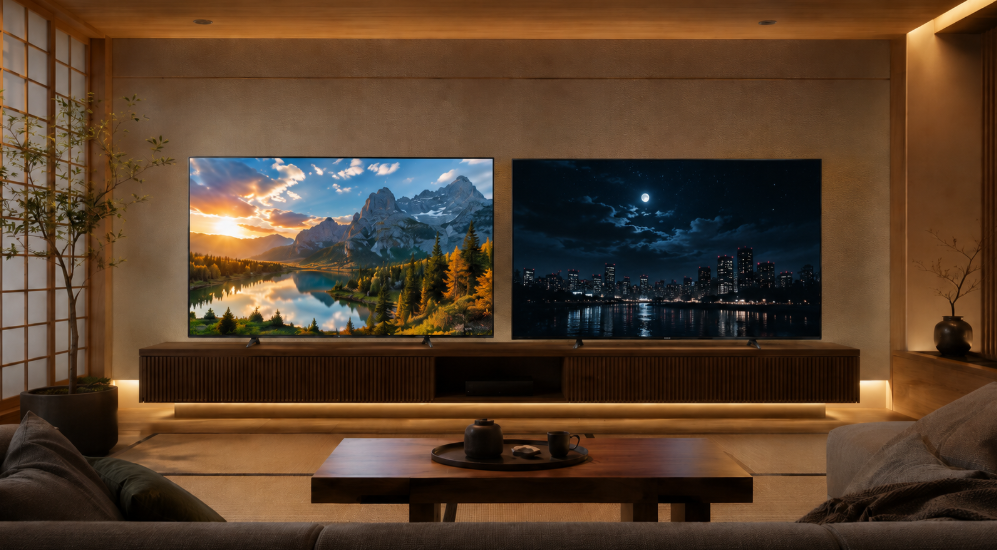明るい風景と暗い夜景を映す2台の有機ELテレビを並べ、TV-55Z95CとTV-55Z95Bの違いを比較するリビング