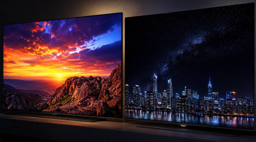 鮮やかな夕景と深い黒の夜景を映し、TV-55Z95CとTV-55Z95Bの画質を比較する2台の有機ELテレビ