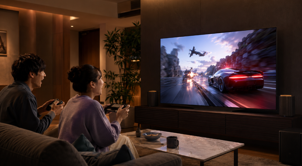 大型有機ELテレビでレースゲームを楽しむ日本人男女と、TV-55Z95C・TV-55Z95Bのゲーム性能をイメージした様子