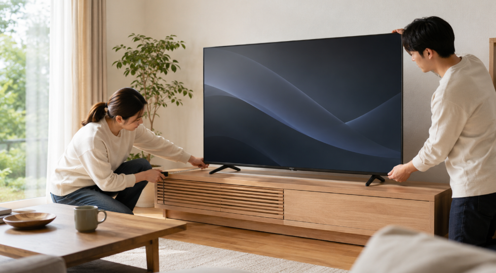 55インチテレビをテレビ台へ設置し、サイズや設置スペースを確認する日本人の男女