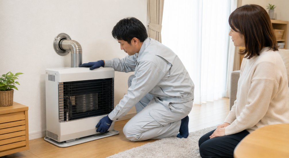 FF式石油暖房機と給排気筒を専門業者が設置し、作業を見守る日本人の住宅所有者