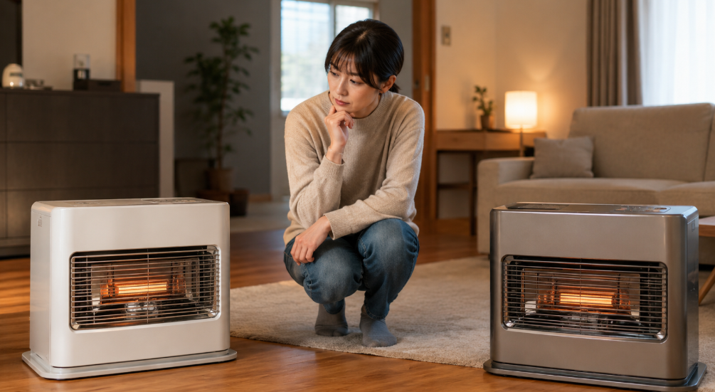 暖かさと価格を比べながら2台のFF式石油暖房機を選ぶ日本人女性