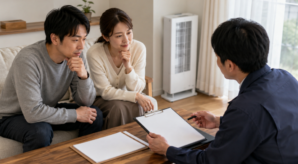 FF式石油暖房機の本体価格や設置工事費を専門業者に相談する日本人夫婦