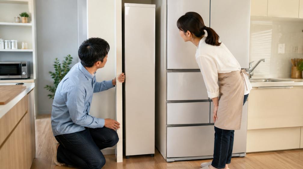 冷蔵庫横の狭いスペースにスリム冷凍庫を設置できるか確認する夫婦