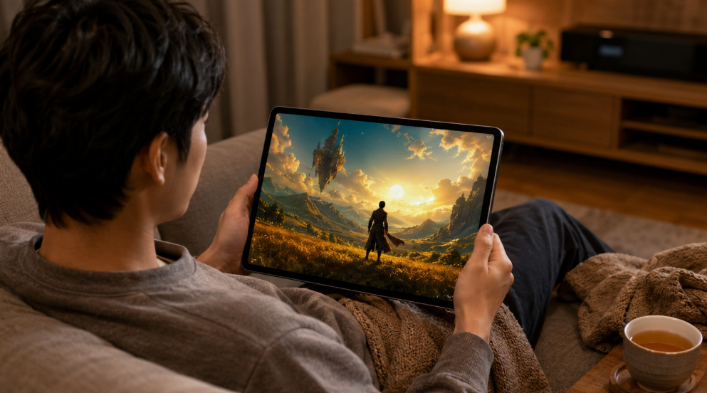 自宅のソファでRedmi Pad 2 Proの大画面を使い動画を楽しむ様子