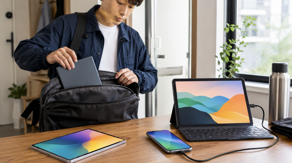 外出前にタブレットをバッグへ収納し、スマートフォンへ給電する様子