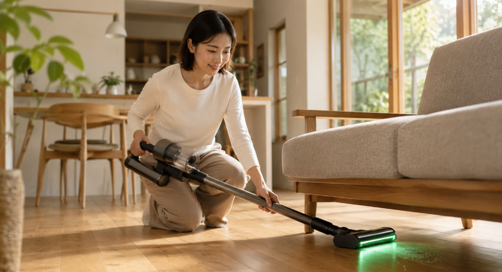 緑色LEDライトで床のホコリを照らしながらPV-BG1000Rで掃除する女性