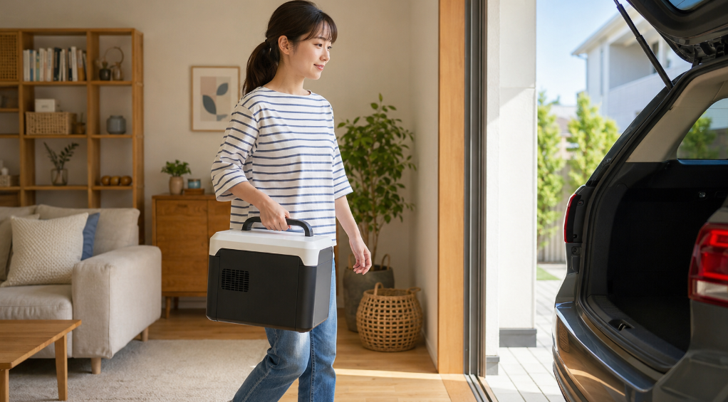 コンパクトなポータブル電源を持って車へ運ぶ日本人女性