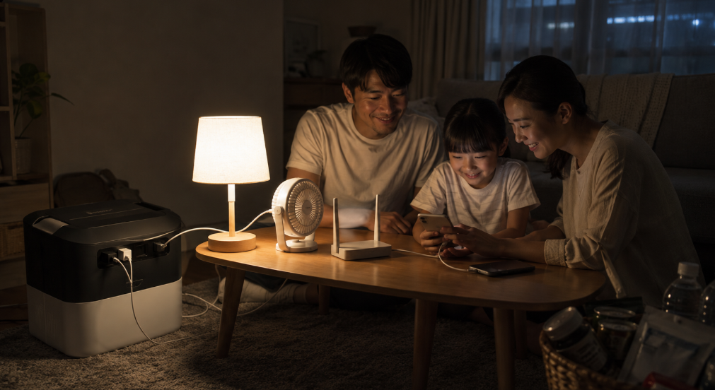停電時にポータブル電源で照明やスマートフォンを使用する日本人家族