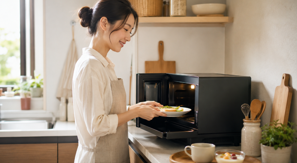 コンパクトなオーブンレンジで朝食を温める日本人女性の使用イメージ
