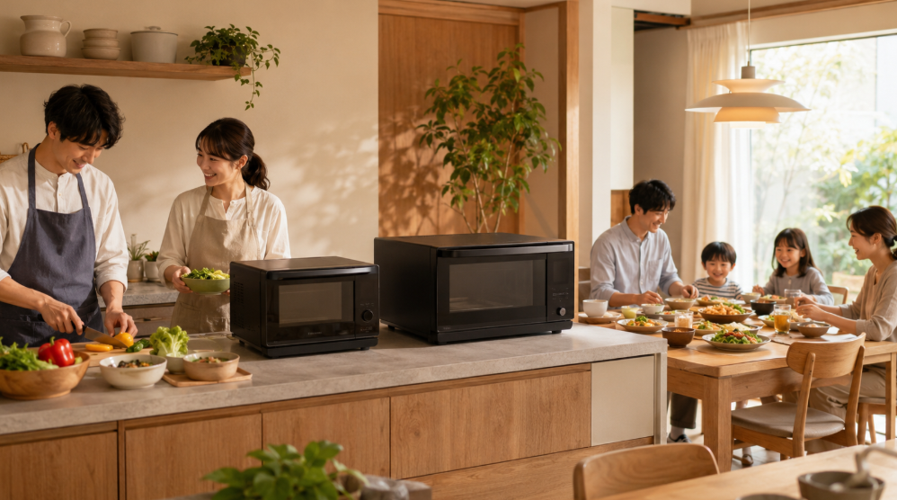 少人数向けと家族向けのオーブンレンジを比較する明るいキッチンと食卓