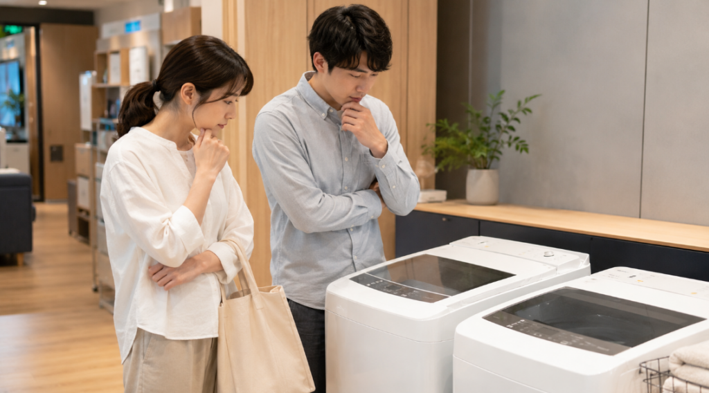 家電売り場で2台の全自動洗濯機を比較する日本人カップル