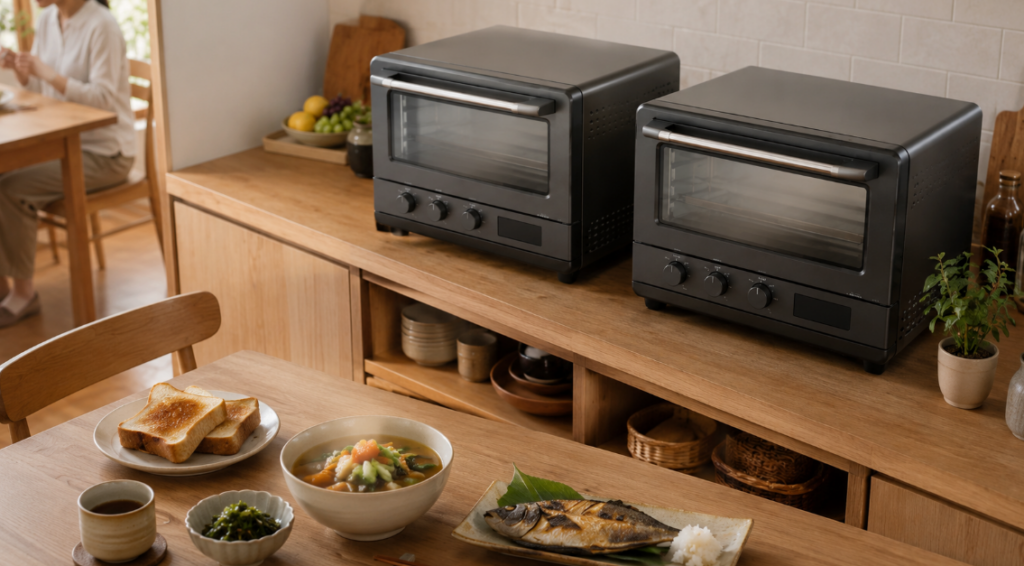 トーストや焼き魚などの食事と2台のオーブンレンジを並べたNE-BS5EとNE-BS5Dのまとめイメージ