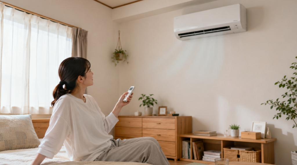 6畳ほどの部屋でエアコンのリモコンを操作し、快適に過ごす日本人女性