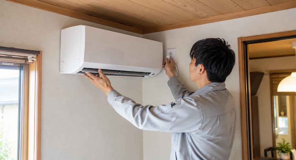 エアコン設置時にコンセントと電源容量を確認する日本人の工事担当者