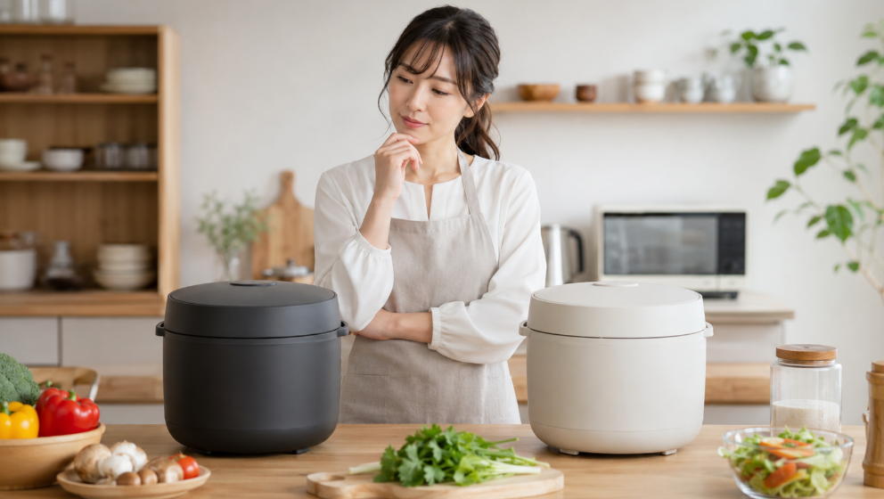 KN-HW24KとKN-HW24Jを見比べながら購入モデルを検討する日本人女性