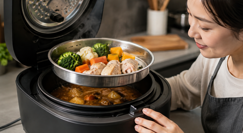 KN-HW24Kの2段調理でカレーと蒸し野菜を同時に作る様子
