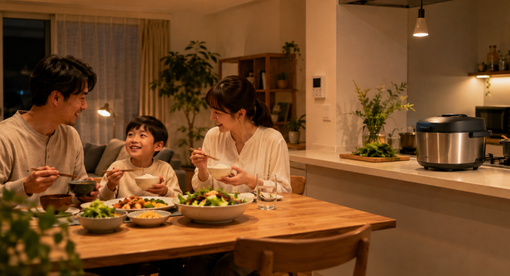 ホットクックで作った料理を囲み家族で夕食を楽しむ様子