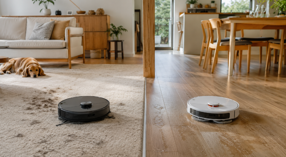ペットの毛が落ちたカーペットを吸引するロボット掃除機とフローリングを水拭きするモデル
