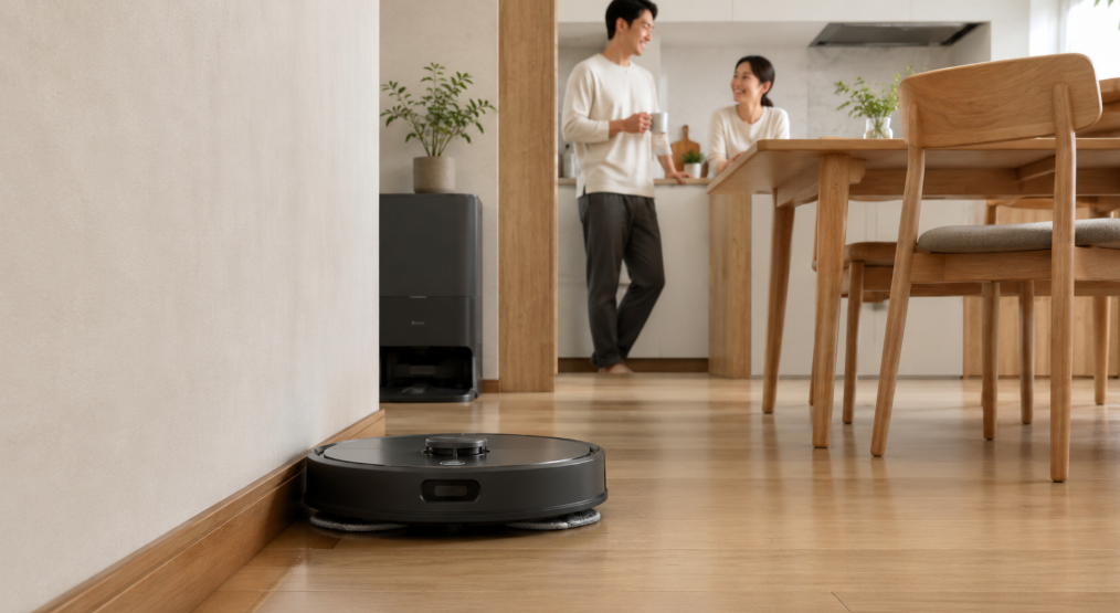ダイニングの壁際を水拭きするロボット掃除機と清潔な床でくつろぐ日本人夫婦