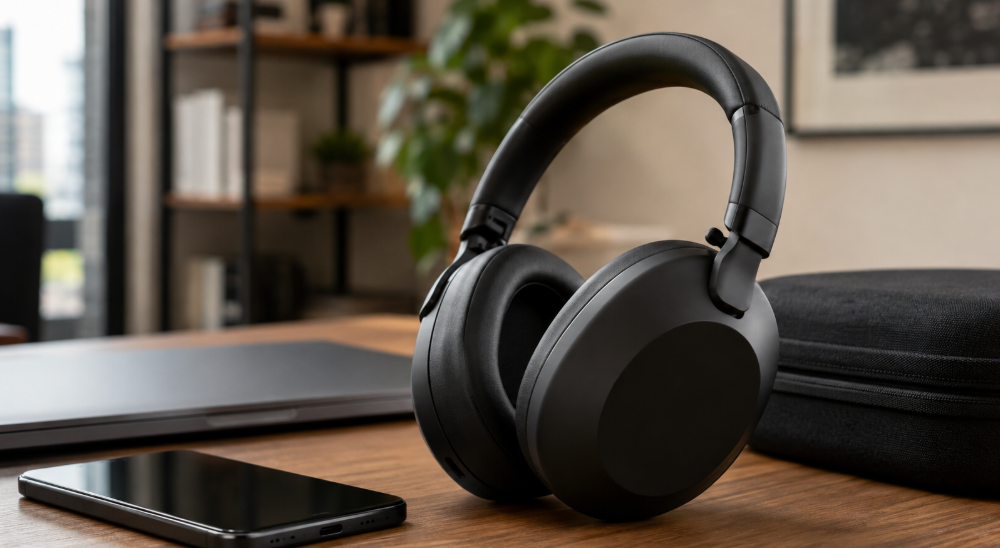SONY WH-1000XM6レビューをイメージした黒いワイヤレスヘッドホンとスマートフォン、専用ケース