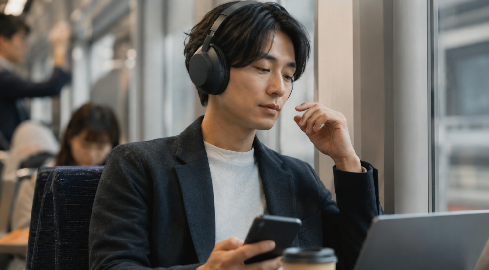 通勤電車でノイズキャンセリングヘッドホンを使用する日本人男性