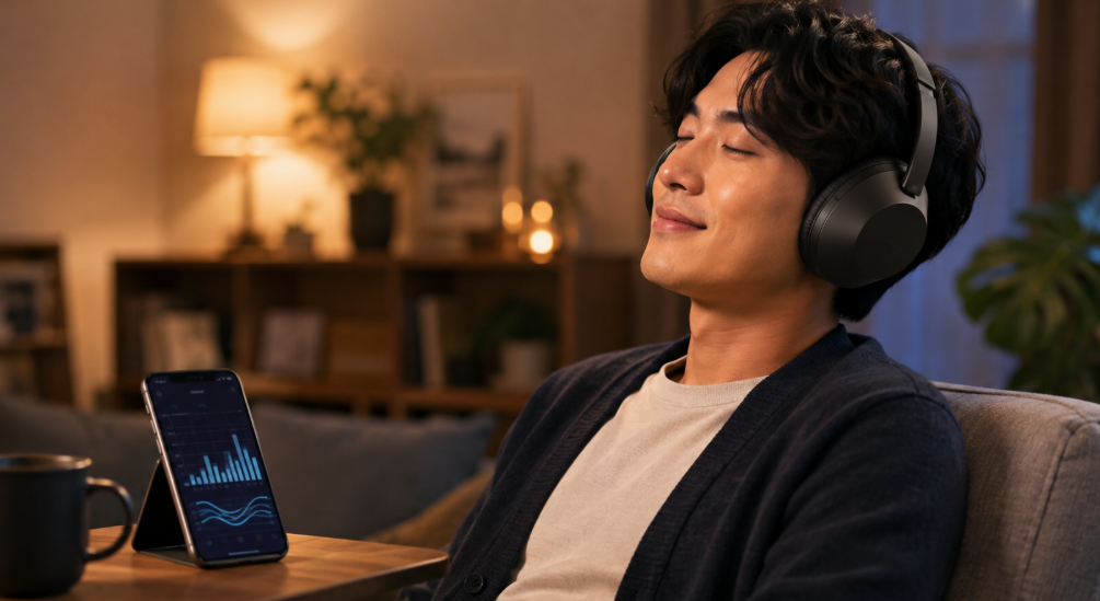 自宅でワイヤレスヘッドホンの音質を楽しむ日本人男性とイコライザー画面