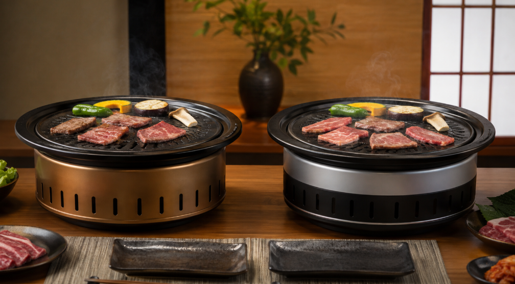 ブロンズ系とシルバー・ブラックの焼肉グリルを並べた、やきまるとやきまる2の比較イメージ