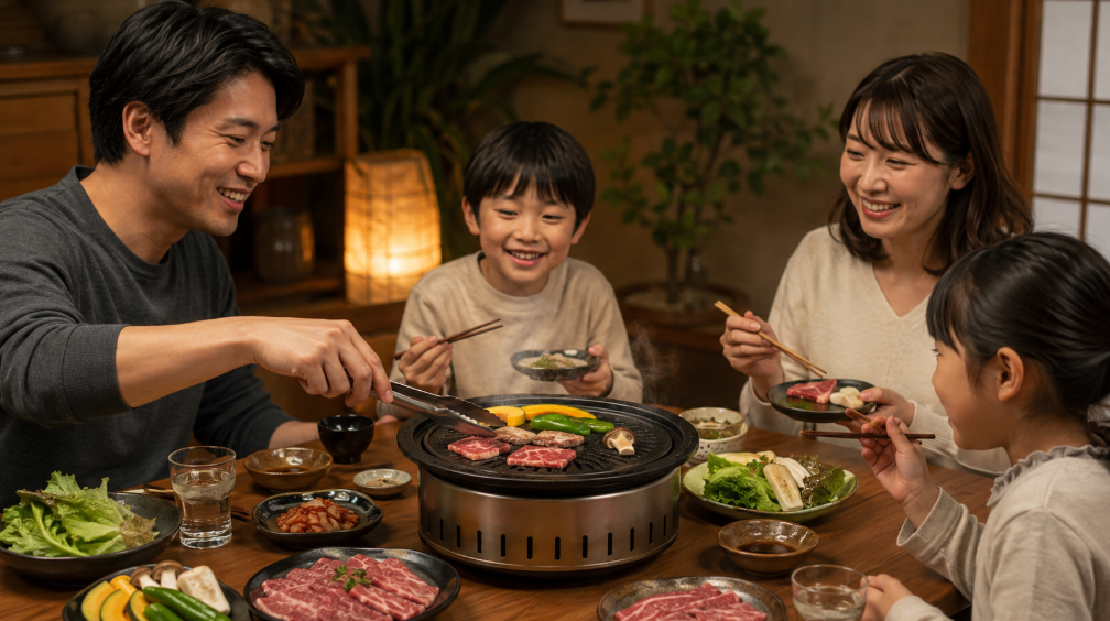 やきまるを囲み、家族4人で煙を抑えながらおうち焼肉を楽しむ様子