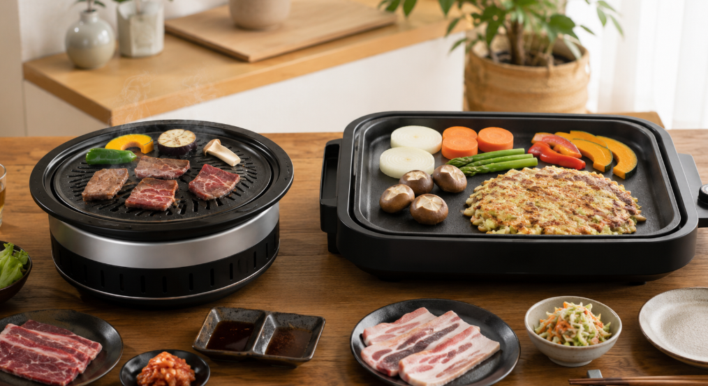 焼肉向けのやきまると多彩な料理に使えるホットプレートを並べた比較イメージ