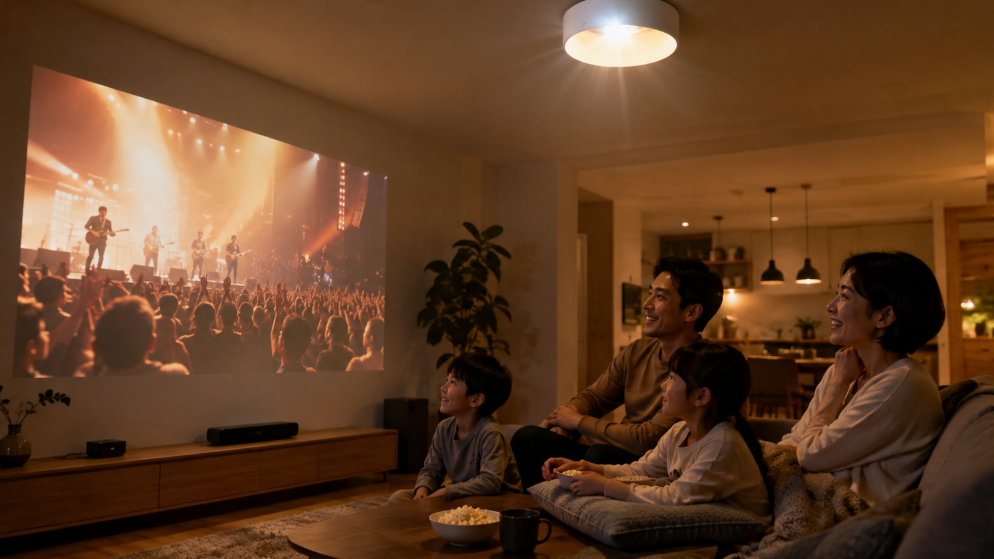 Aladdin X3 Laser 4Kの大画面と照明、スピーカーでライブ映像を楽しむ日本人家族