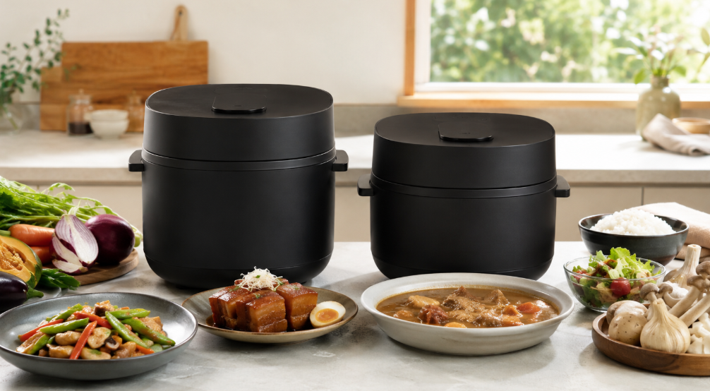 NF-AC1000とNF-AC700をイメージした2台のオートクッカーと煮込み料理・炒め料理