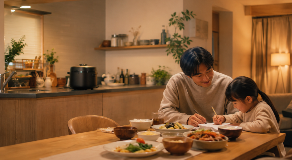 オートクッカーで夕食を自動調理しながら親子で過ごす日本の家庭