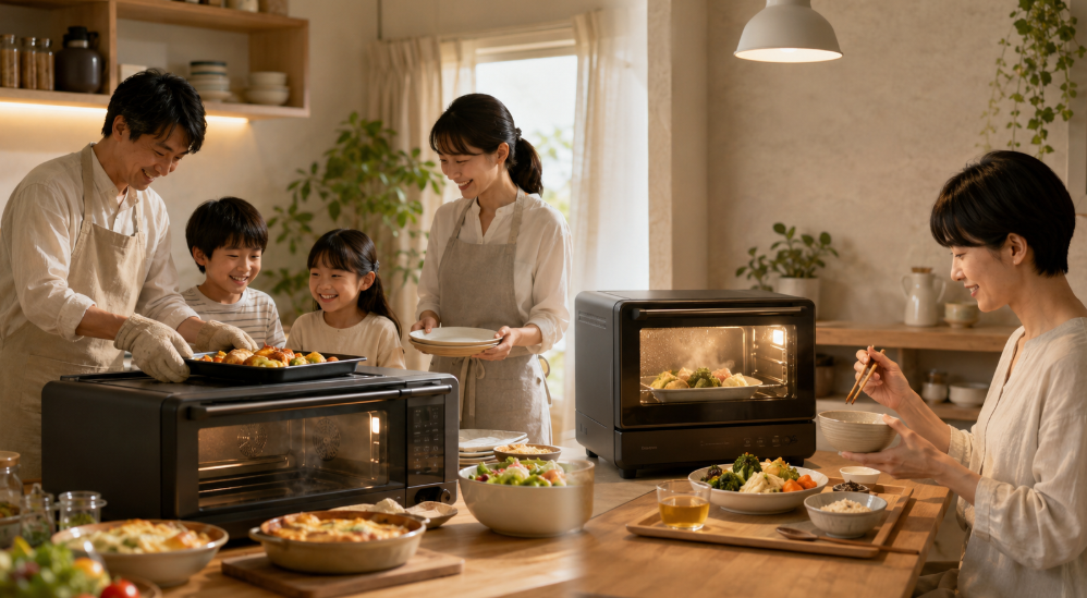 大容量オーブンを使う日本人家族と、ヘルシー料理を楽しむ少人数家庭の利用イメージ