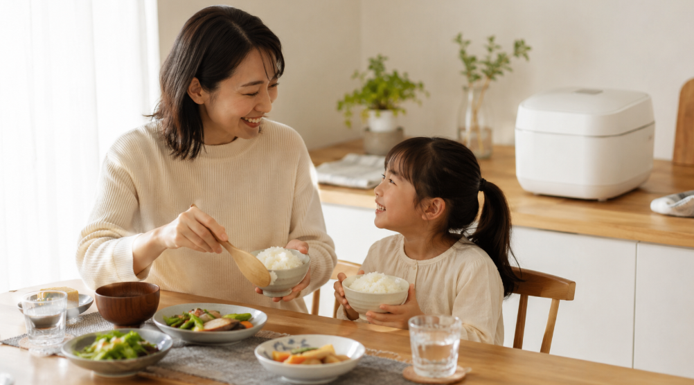 炊きたてのご飯を楽しむ日本人親子と白い炊飯器のある食卓