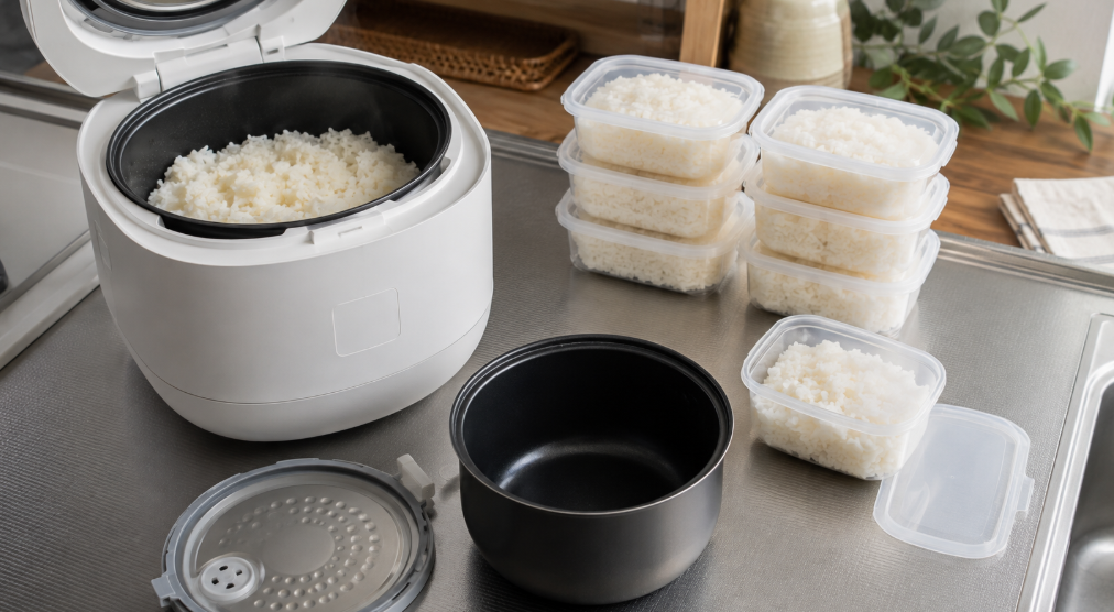 炊飯器の内釜と内ぶた、冷凍保存用に小分けしたご飯を並べた様子