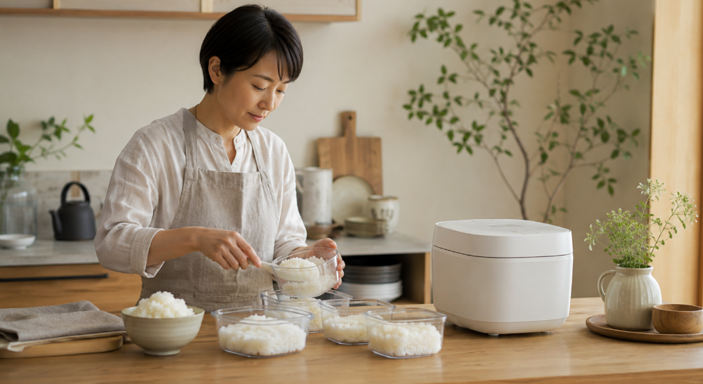 炊いたご飯を保存容器へ小分けする日本人女性と白い炊飯器