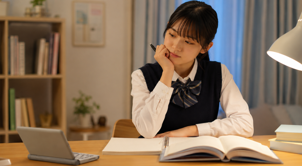 自宅の学習机で高校生向け電子辞書の選び方を考える日本人女子高校生