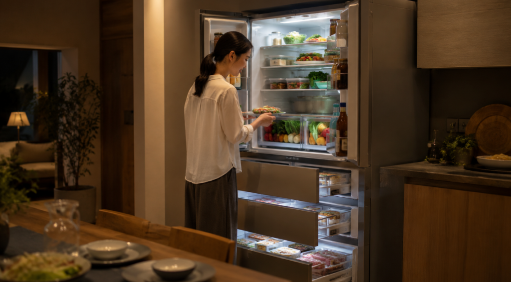野菜や冷凍食品を整理した大型冷蔵庫を使う女性とSJ-MF43Rの収納イメージ