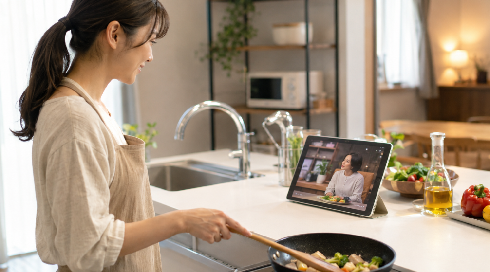 XIT-3000WPの活用例として、キッチンで料理をしながらタブレットでテレビ番組を見る女性
