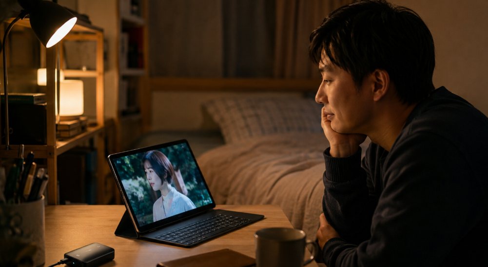 XIT-3000WPを活用し、寝室でタブレットを使ってテレビ番組を楽しむ省スペースな視聴スタイル