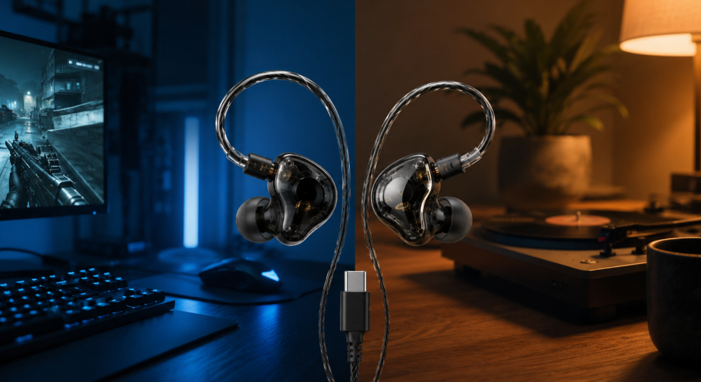FPS向けのゲーム環境と音楽鑑賞環境を1本で使い分けるゲーミングIEMの2モードイメージ
