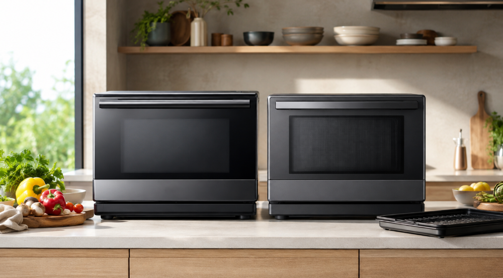 NE-BS6EとNE-BS6Cをキッチンに並べて比較するスチームオーブンレンジのイメージ