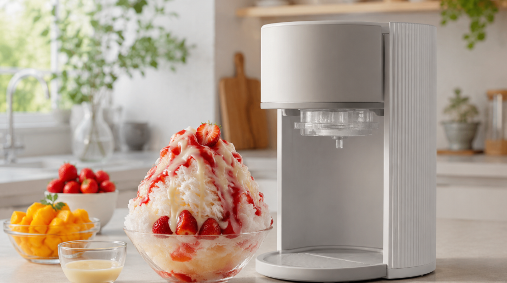 とろ雪のかき氷器と、いちごやマンゴーを使ったふわふわかき氷を並べた自宅スイーツのイメージ
