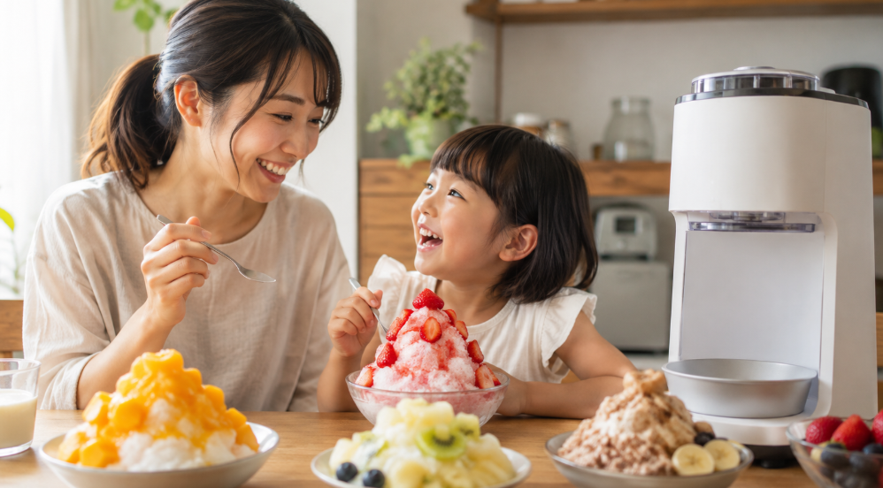 親子でいちごやマンゴーなどのアレンジかき氷を楽しむ夏のおうちスイーツ風景