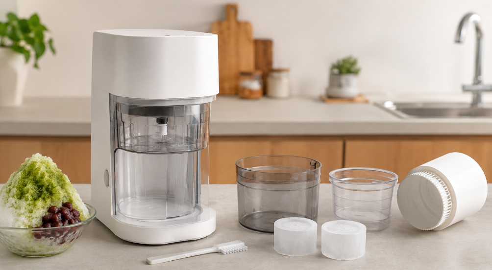 とろ雪のかき氷器と取り外したパーツ、製氷カップ、お手入れブラシを並べた使用後のイメージ