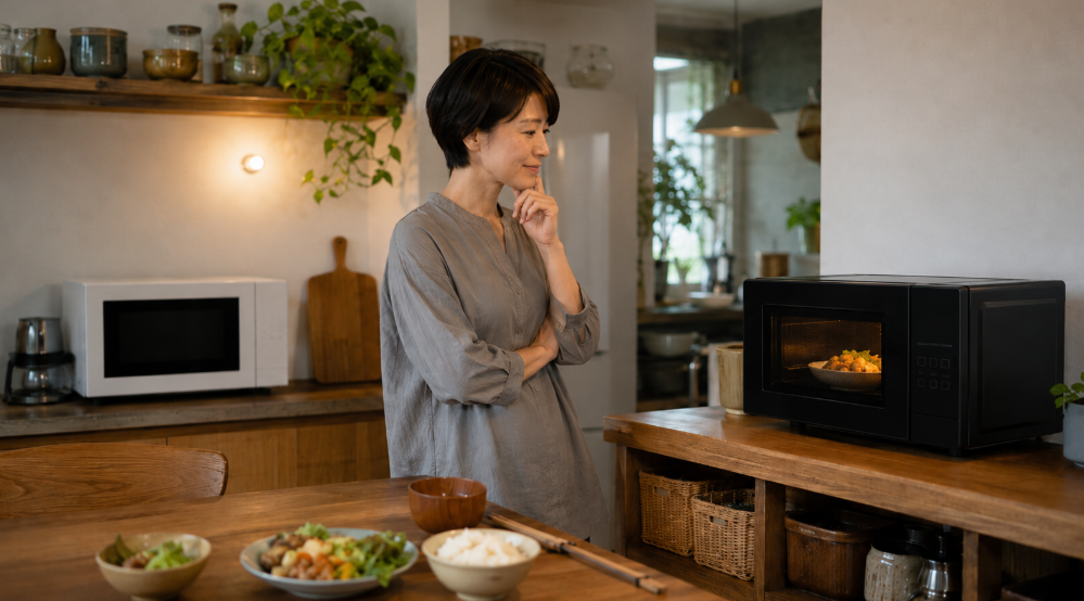 白と黒の電子レンジを見比べながら自分に合うモデルを選ぶ日本人女性