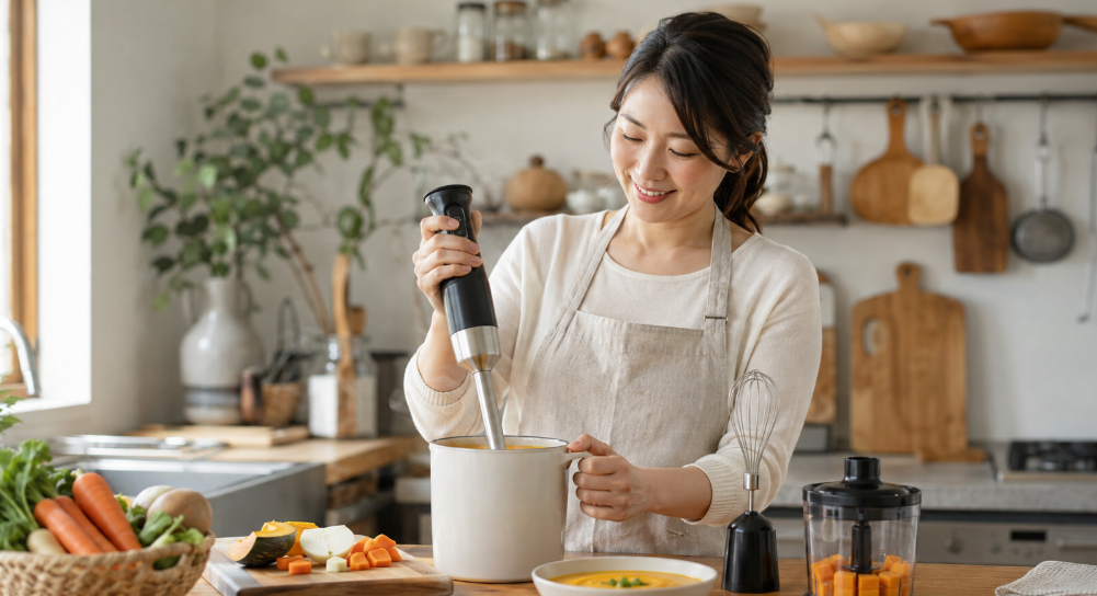 ハンドブレンダーで野菜スープをなめらかに調理する日本人女性の使用イメージ