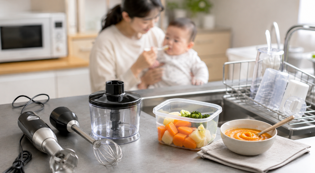 離乳食作りに使うハンドブレンダーと洗浄後のパーツ、日本人の親子がいるキッチン