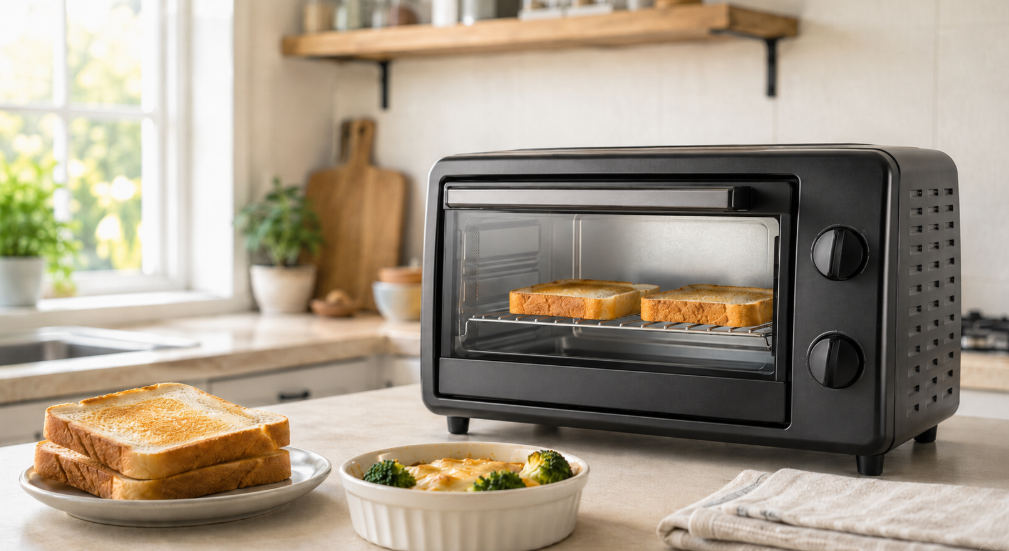 トーストを焼くシンプルなオーブントースターと付属の受け皿